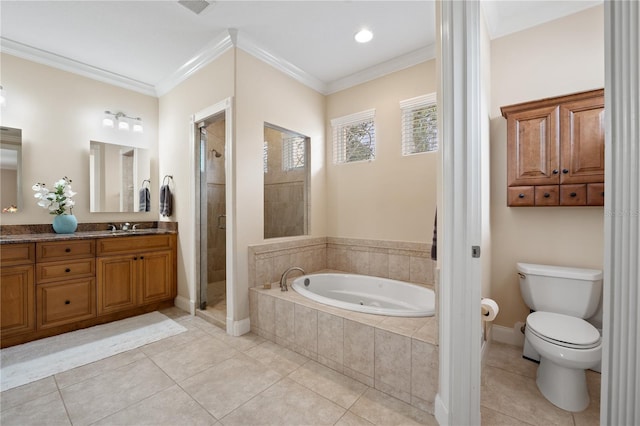 bathroom with a stall shower, ornamental molding, a bath, and tile patterned floors