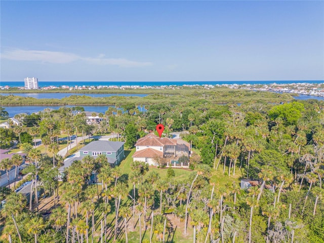 bird's eye view with a water view