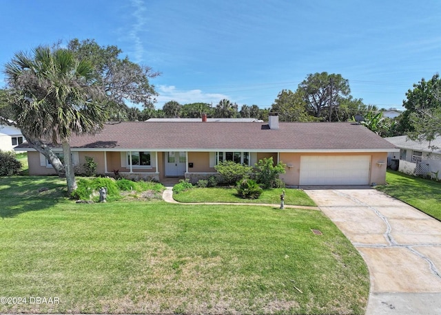 ranch-style home with a front yard and a garage