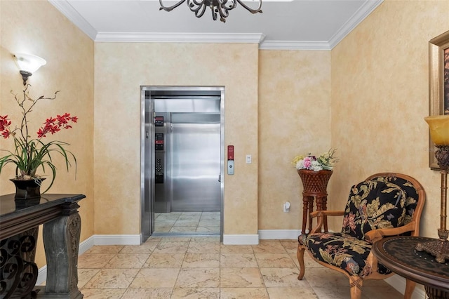 hallway with ornamental molding, elevator, and a notable chandelier