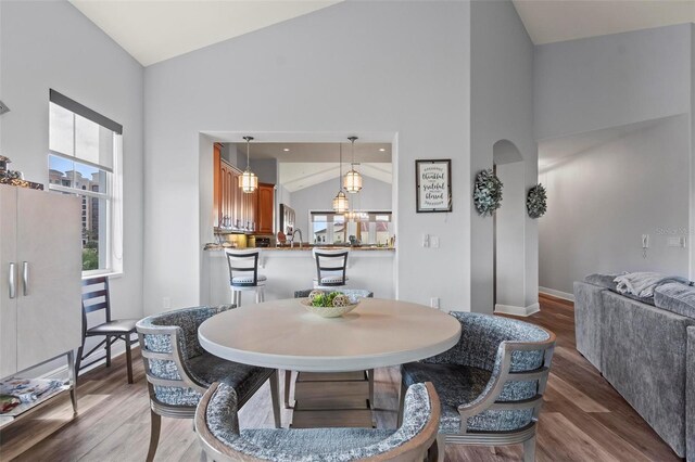 dining space with high vaulted ceiling and hardwood / wood-style floors