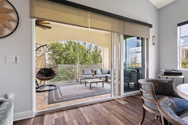 interior space featuring ceiling fan and dark hardwood / wood-style flooring