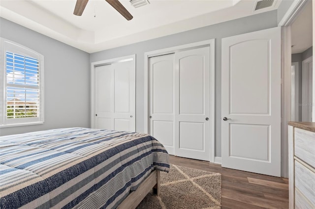 bedroom with dark hardwood / wood-style flooring, multiple closets, a raised ceiling, and ceiling fan