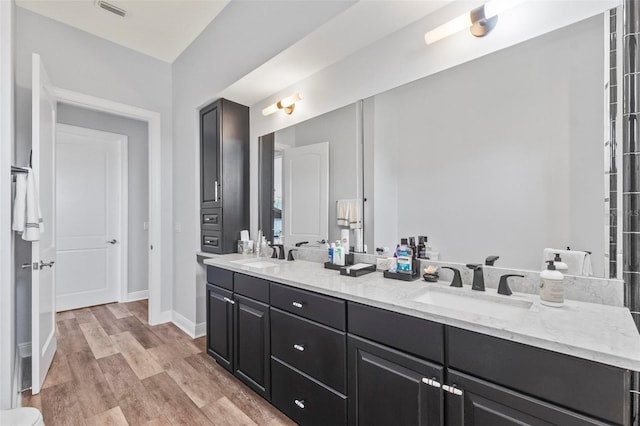 bathroom with dual bowl vanity and wood-type flooring