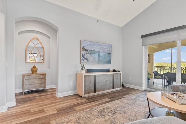 living room with hardwood / wood-style flooring and lofted ceiling