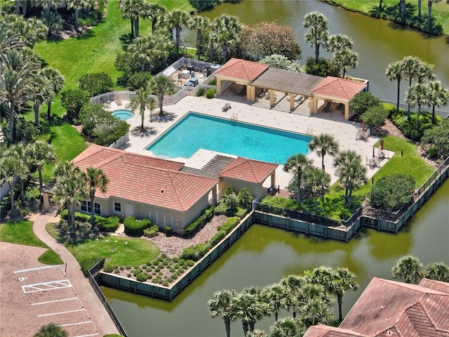 drone / aerial view featuring a water view