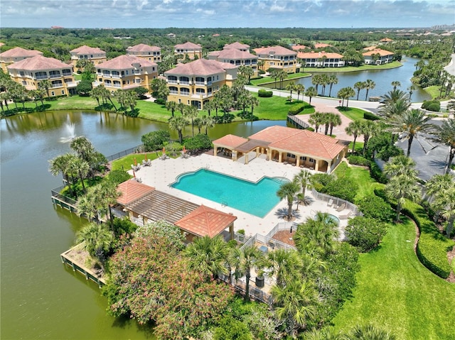 drone / aerial view featuring a water view