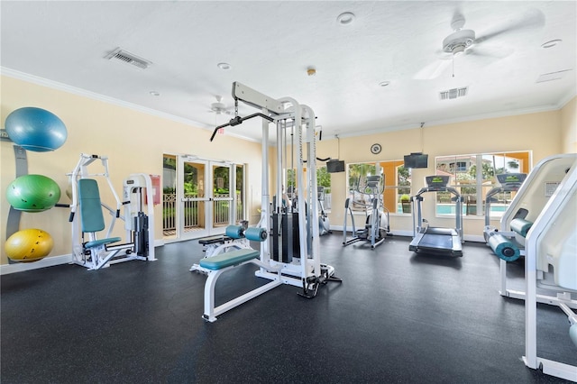 workout area with crown molding, french doors, plenty of natural light, and ceiling fan