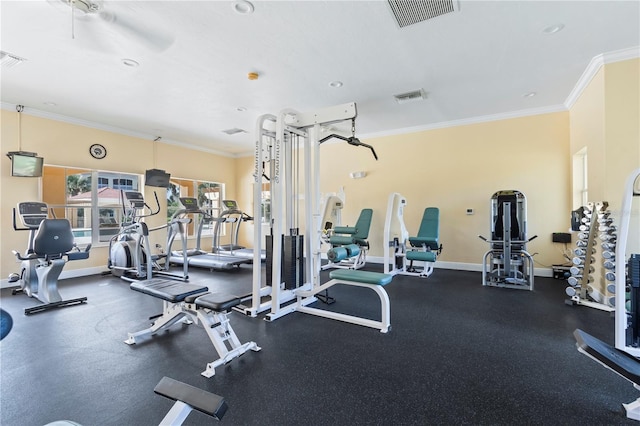 gym featuring crown molding