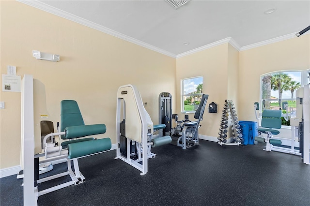 workout area featuring ornamental molding