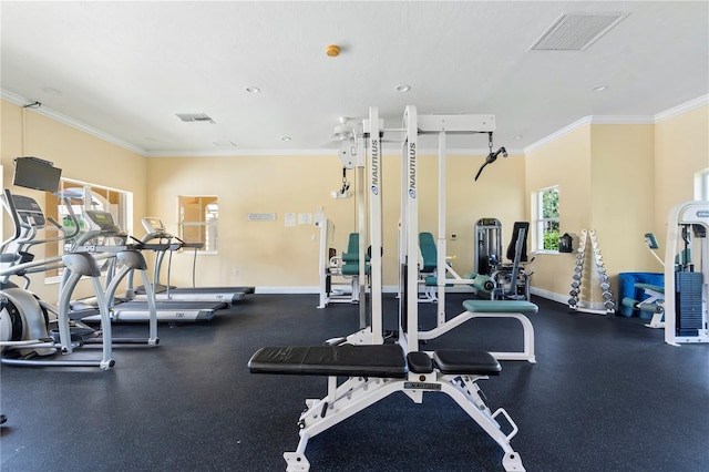 exercise room featuring ornamental molding and a healthy amount of sunlight