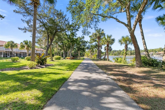 view of home's community with a water view