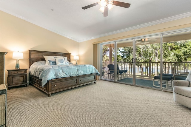 carpeted bedroom featuring access to outside, crown molding, ceiling fan, and lofted ceiling