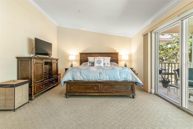 carpeted bedroom featuring access to outside and crown molding