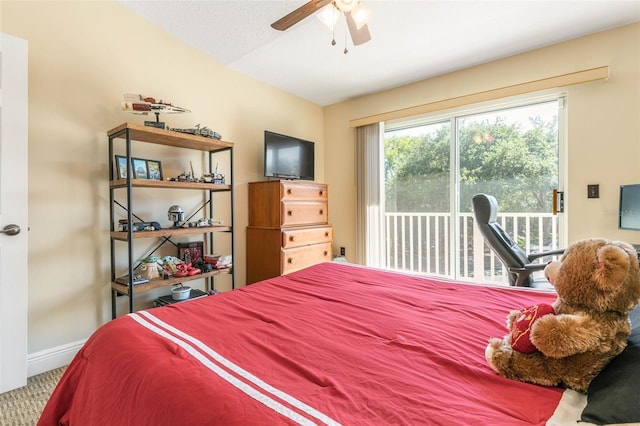 bedroom featuring access to exterior and ceiling fan