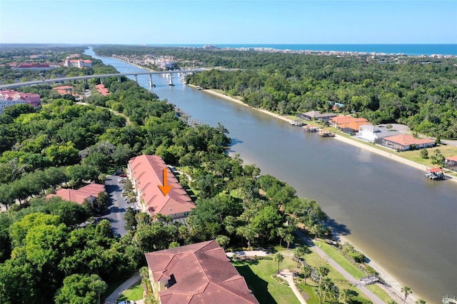 drone / aerial view featuring a water view