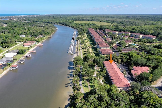 drone / aerial view featuring a water view