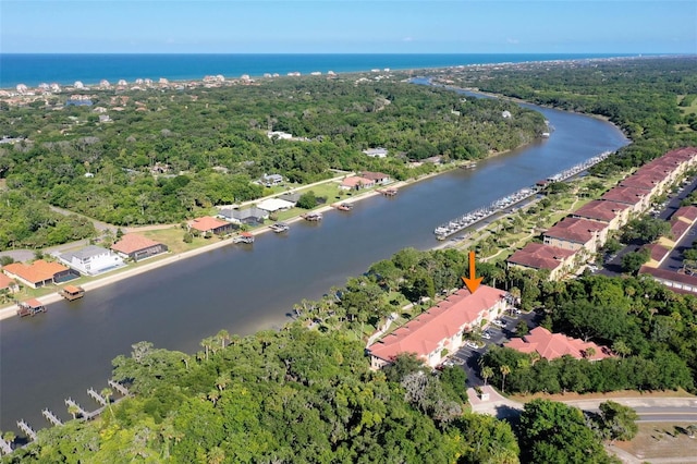 bird's eye view with a water view