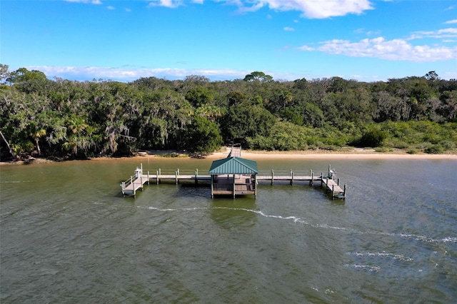 view of dock featuring a gazebo and a water view