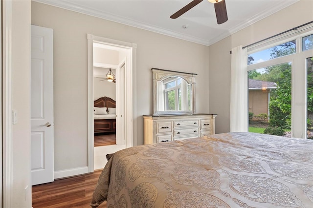 bedroom featuring dark hardwood / wood-style flooring, ceiling fan, and crown molding