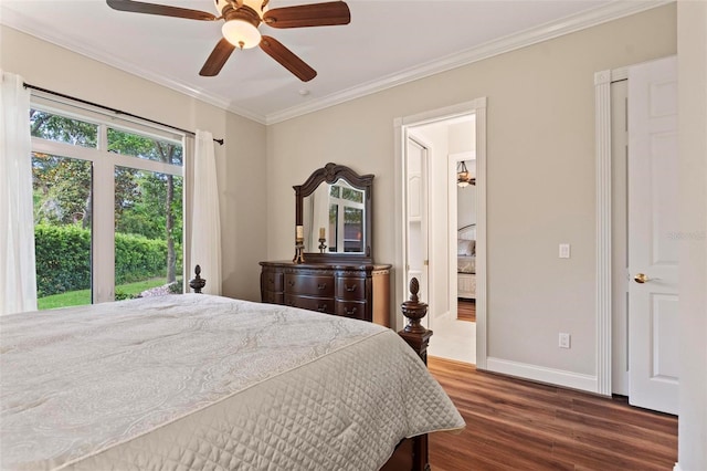 bedroom with ceiling fan, dark hardwood / wood-style floors, and crown molding