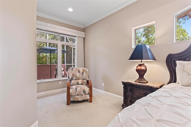 carpeted bedroom featuring multiple windows and ornamental molding