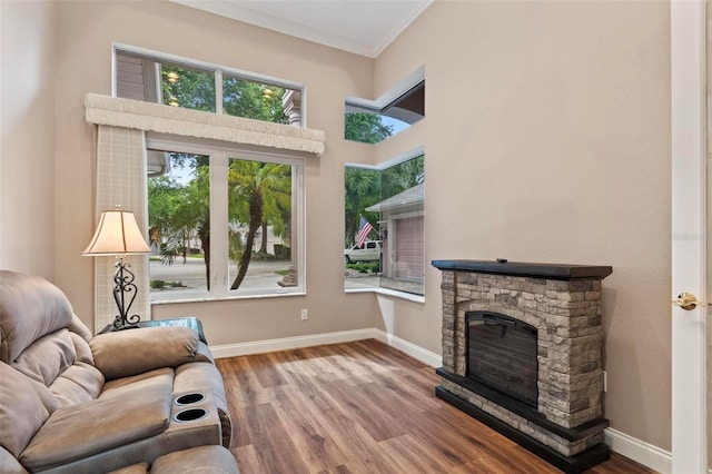 living room with a stone fireplace, hardwood / wood-style floors, and ornamental molding