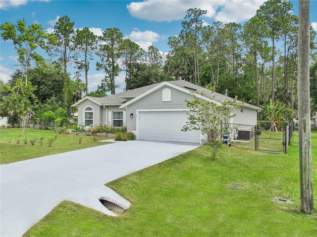 single story home featuring central AC, a garage, and a front lawn