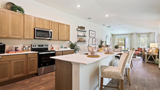 kitchen with appliances with stainless steel finishes, dark hardwood / wood-style flooring, a kitchen breakfast bar, sink, and an island with sink