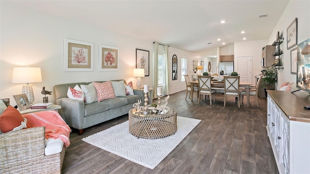 living room featuring lofted ceiling and dark wood-type flooring