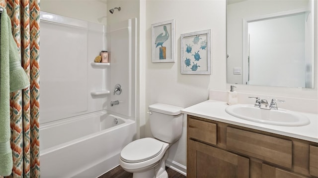 full bathroom featuring vanity, toilet, and shower / bathtub combination with curtain