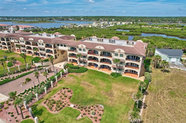 aerial view featuring a water view