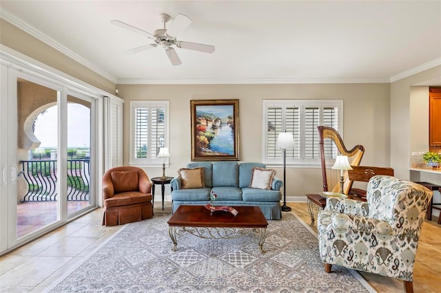 living room with light tile patterned floors, ceiling fan, and crown molding