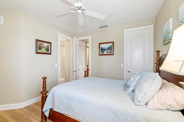 bedroom with light hardwood / wood-style flooring and ceiling fan