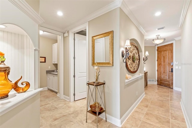 corridor featuring ornamental molding