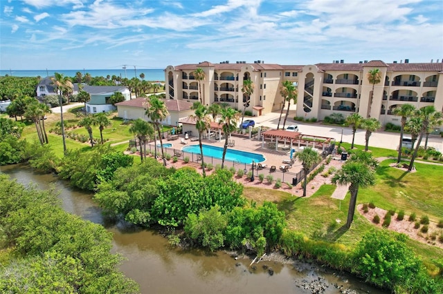 drone / aerial view featuring a water view