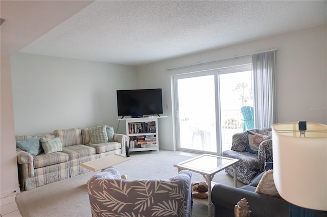 carpeted living room with a textured ceiling