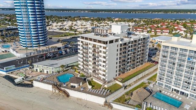 drone / aerial view with a water view