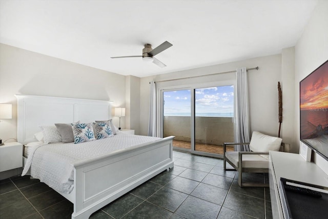 tiled bedroom featuring access to outside and ceiling fan