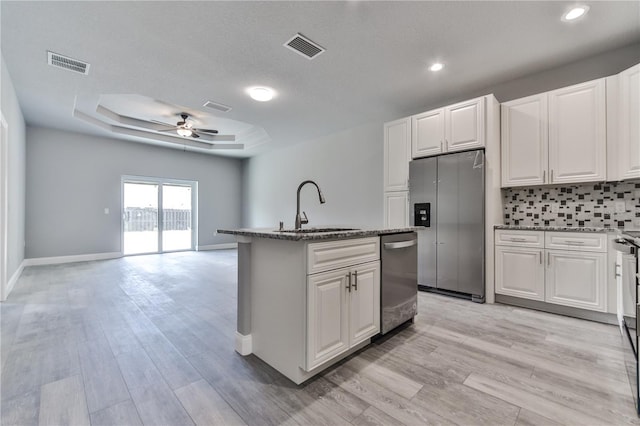 kitchen with white cabinetry, sink, an island with sink, and appliances with stainless steel finishes