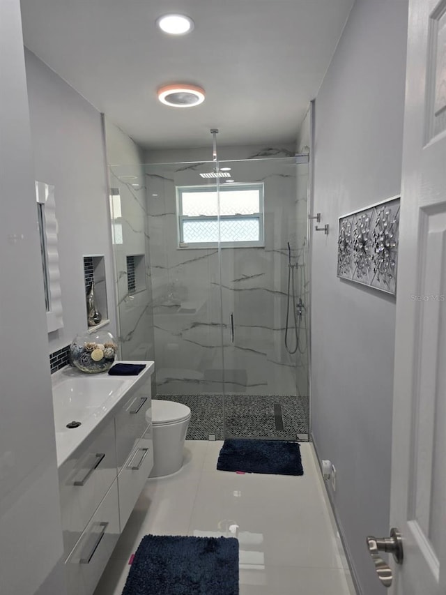 10611 SW 164th St, Miami, FL 33157 - bathroom with a marble finish shower, vanity, toilet, and recessed lighting