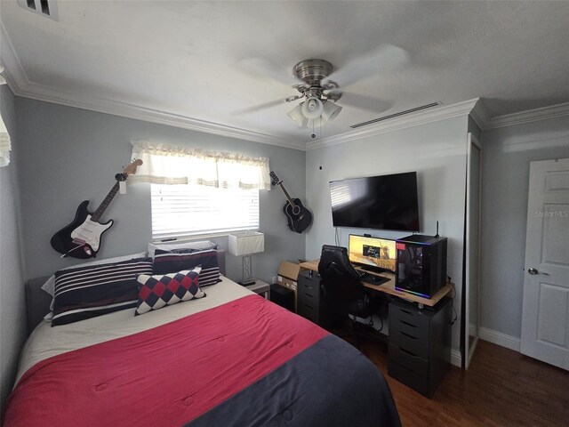 10611 SW 164th St, Miami, FL 33157 - bedroom with wood finished floors, baseboards, a ceiling fan, crown molding, and a desk