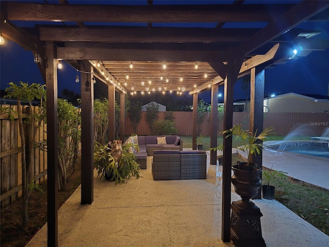 10611 SW 164th St, Miami, FL 33157 - patio at twilight featuring outdoor lounge area, a fenced backyard, a patio, and a pergola
