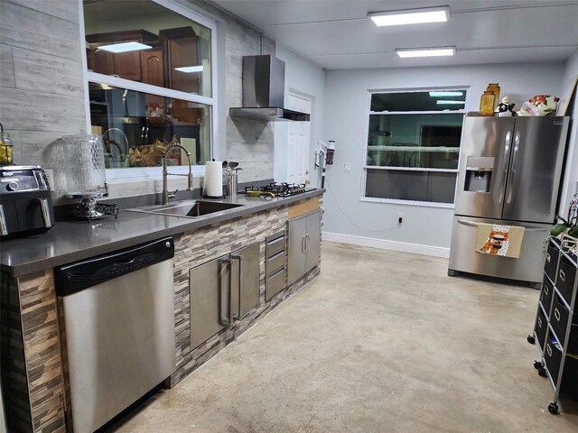 10611 SW 164th St, Miami, FL 33157 - kitchen with stainless steel appliances, wall chimney exhaust hood, a sink, dark countertops, and concrete floors