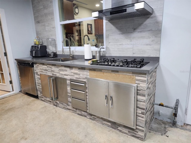 10611 SW 164th St, Miami, FL 33157 - kitchen with stainless steel dishwasher, exhaust hood, a sink, dark countertops, and concrete floors
