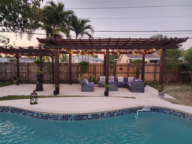 10611 SW 164th St, Miami, FL 33157 - view of swimming pool with a pergola, an outdoor living space, a fenced backyard, and a patio area