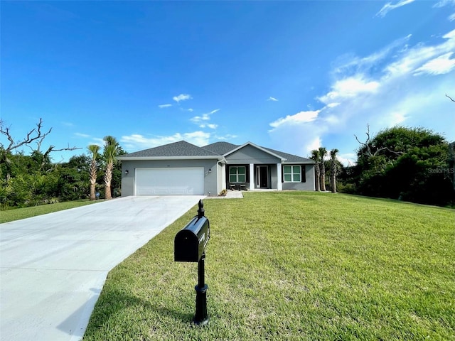 ranch-style house with a front yard and a garage