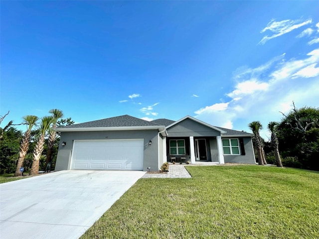 ranch-style home with a garage and a front yard