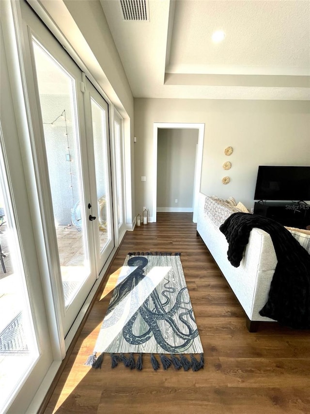 interior space featuring dark hardwood / wood-style flooring, multiple windows, access to outside, and french doors