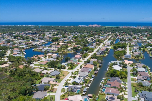 aerial view featuring a residential view and a water view